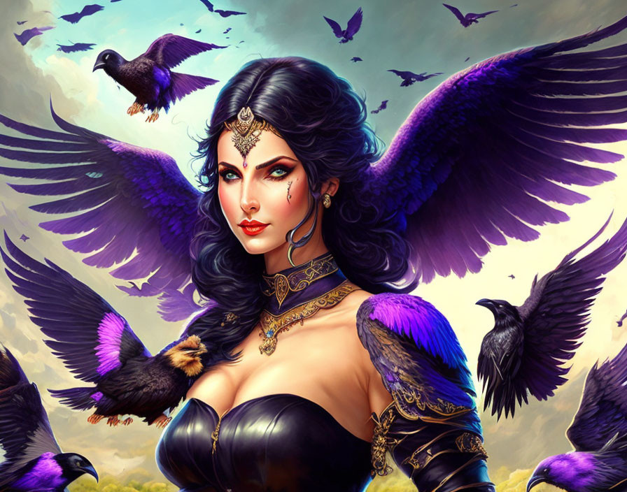 Fantasy-themed illustration of a winged woman with ravens and jewelry