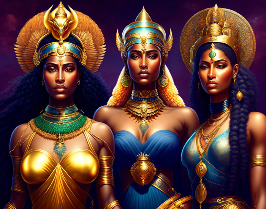 Stylized regal women with golden headdresses on purple backdrop