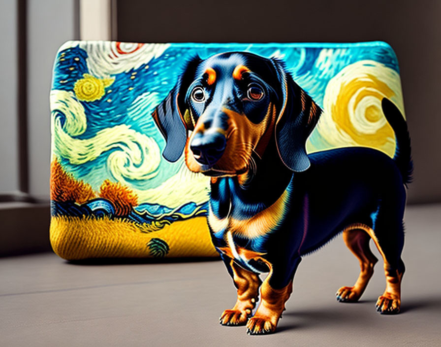 Dachshund with Starry Night cushion in soft indoor light