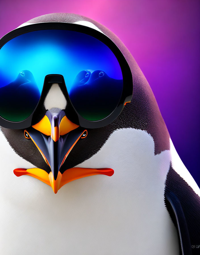 Realistic penguin with blue sunglasses on purple-pink gradient background