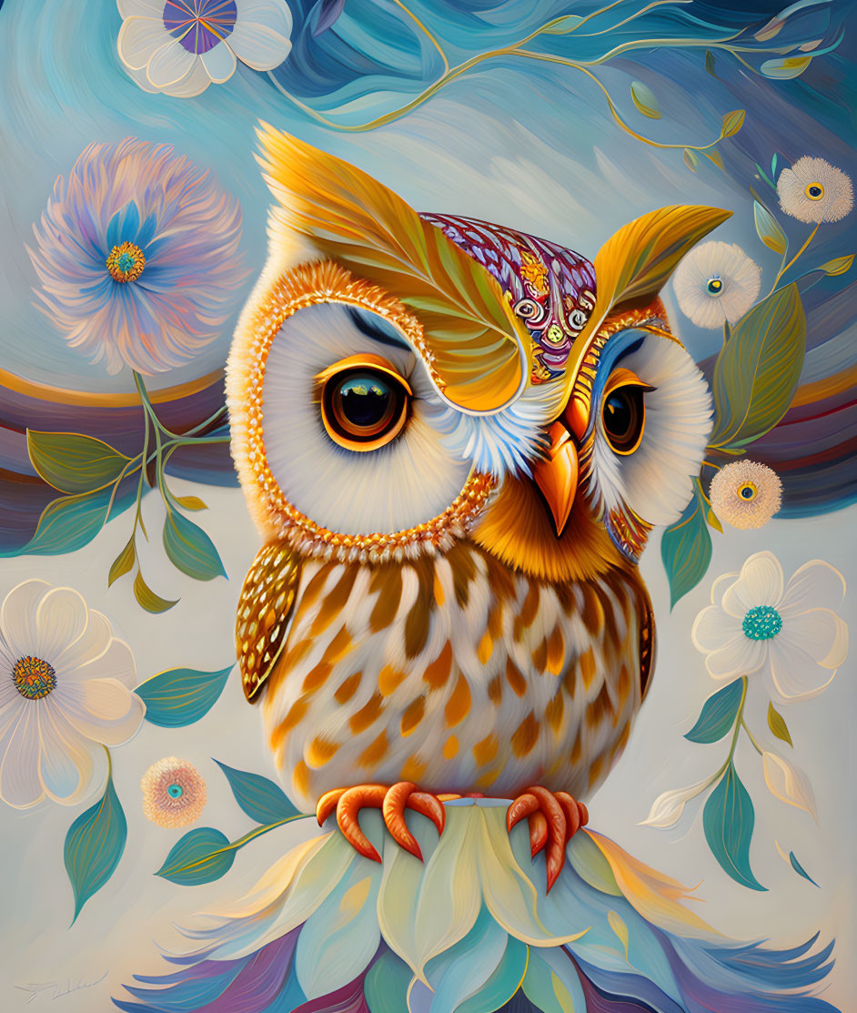 Detailed Stylized Owl Illustration with Intricate Patterns and Pastel Colors