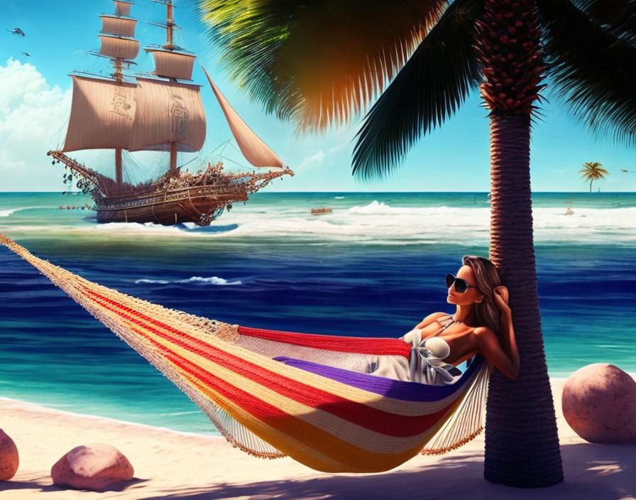 Woman relaxing in colorful hammock on tropical beach with palm trees and sailing ship in sunny sky