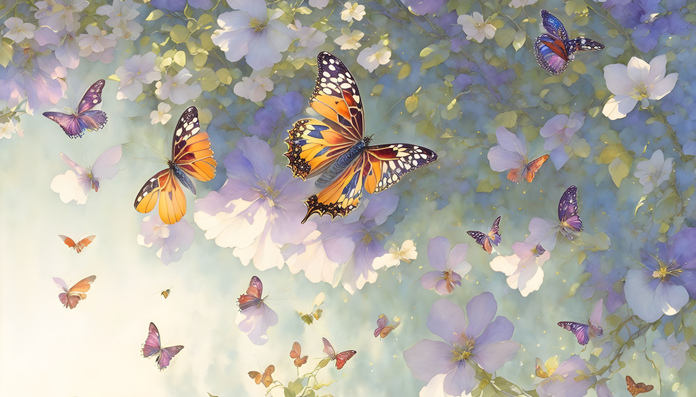 Colorful butterflies around purple flowers in a serene spring setting