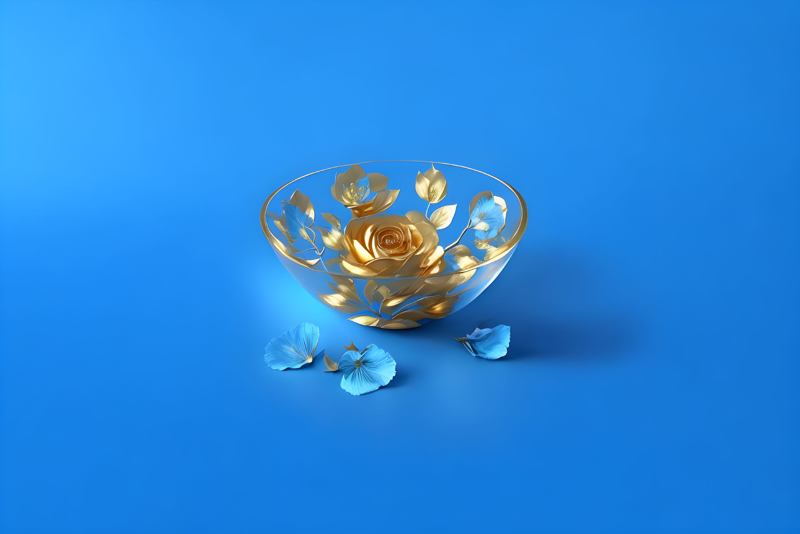 Golden Blossom Bowl and Blue Petals