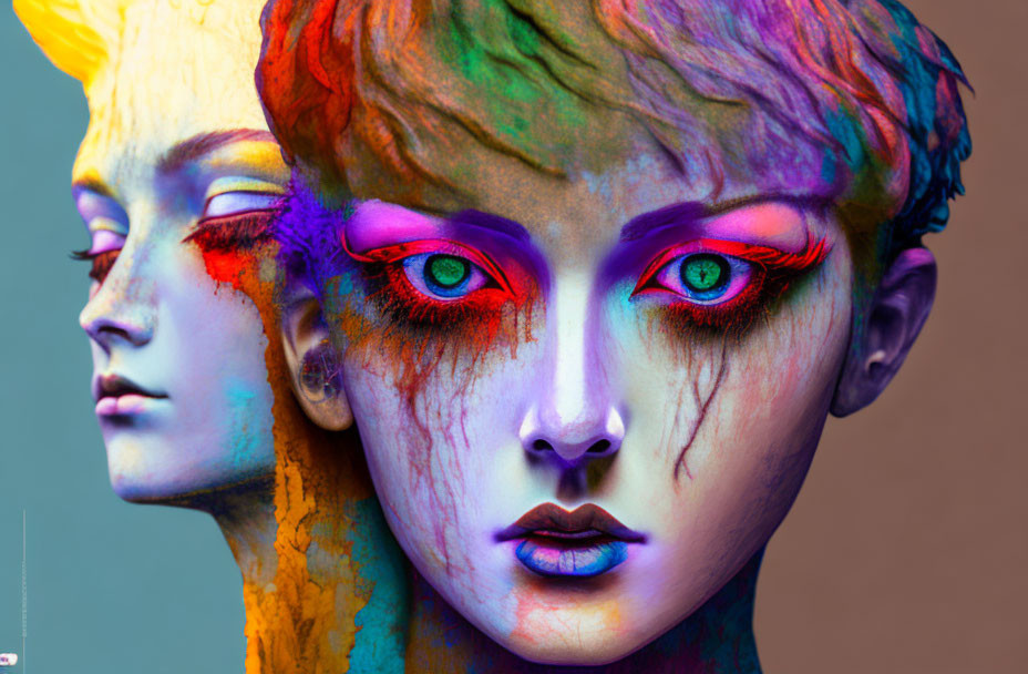 Vibrant multicolored makeup on two faces with red eyes against neutral background