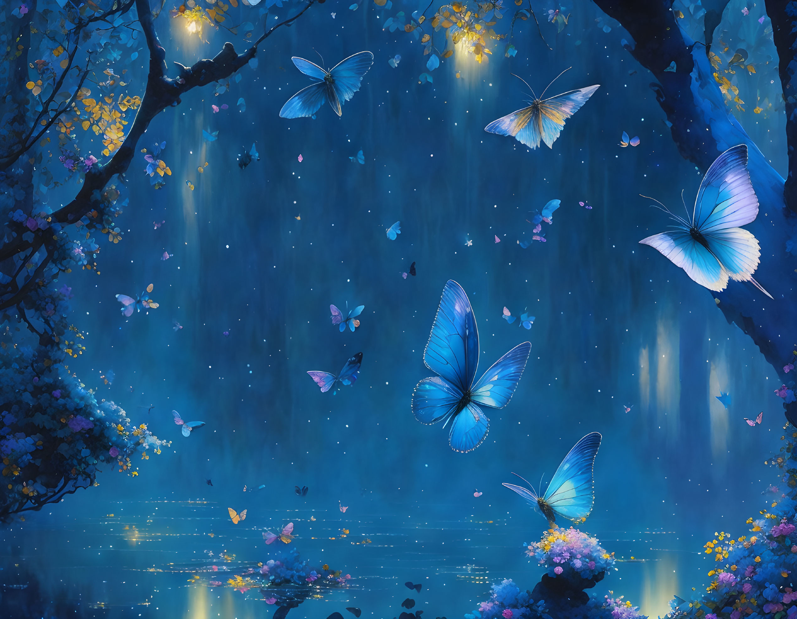 Enchanted Night: Blue Butterflies and Blooms