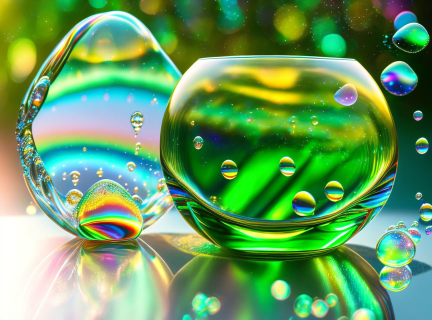 Colorful Swirling Soap Bubbles Reflecting Light on Shiny Surface