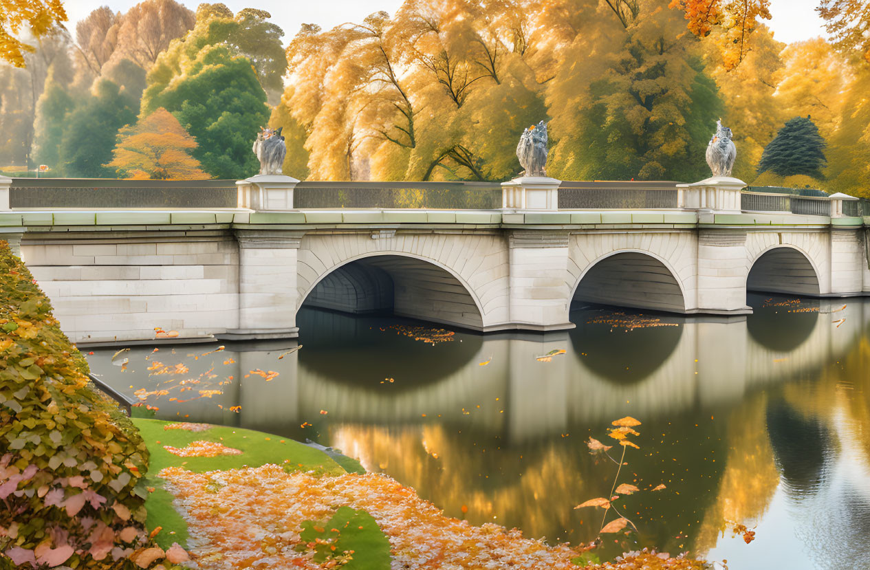 Autumn Reflections: Graceful Bridge and Statues