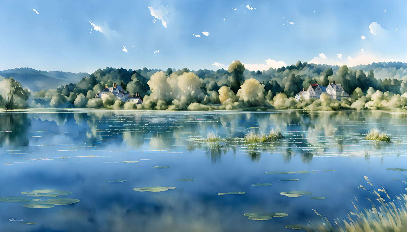Serene lake with water lilies, cloud reflections, village, and hills under blue sky