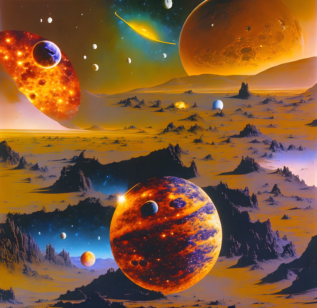 Multiple planets and moons in a vivid sci-fi landscape
