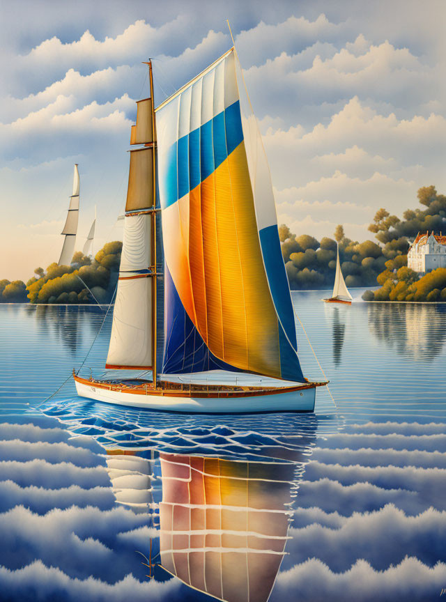 Colorful sailboat on calm water with autumn trees and other boats in the background