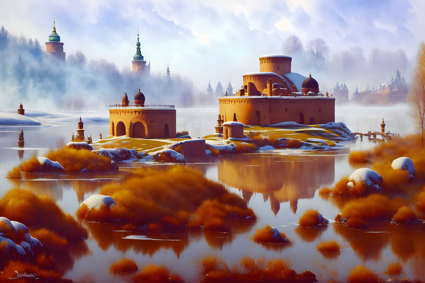 Tranquil fantasy landscape with reflective lake, golden foliage, snow, medieval buildings, and misty