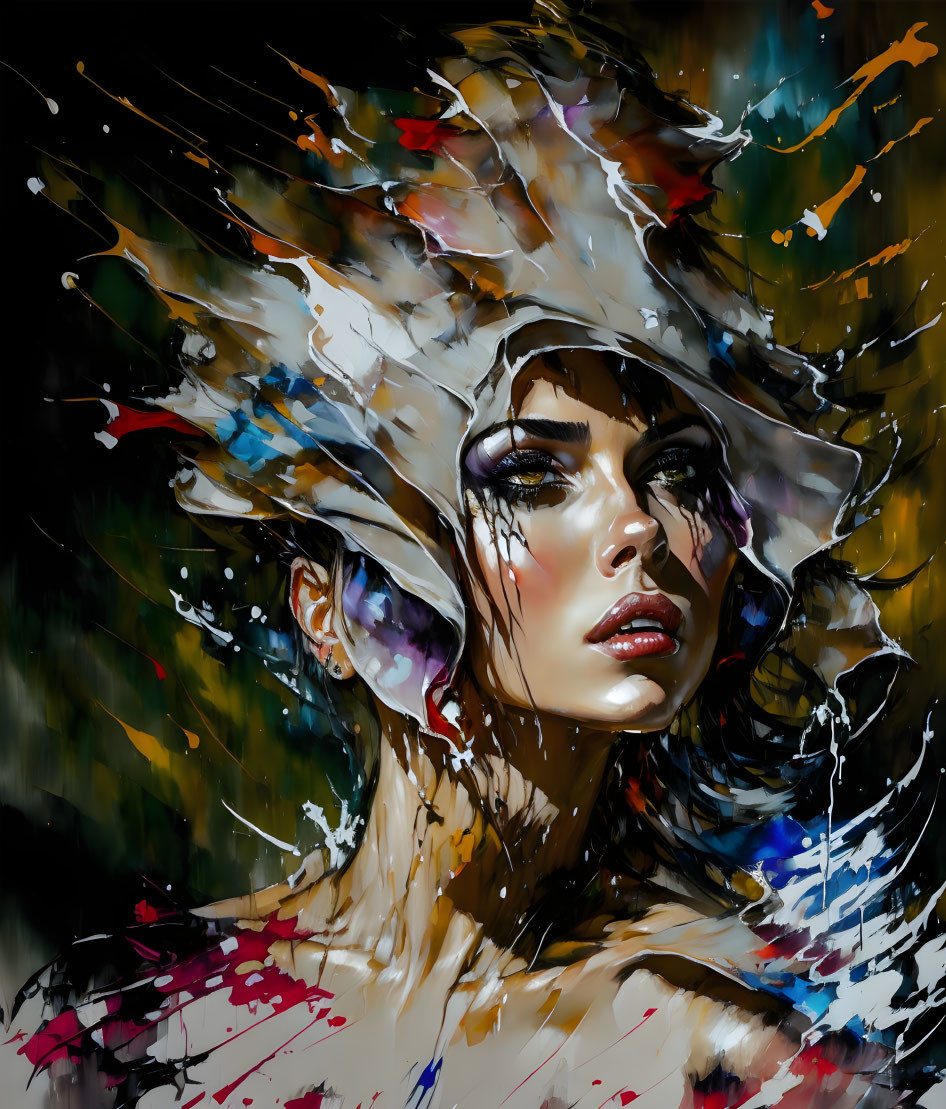 Colorful digital painting of a woman with vibrant paint splashes creating abstract hair art.