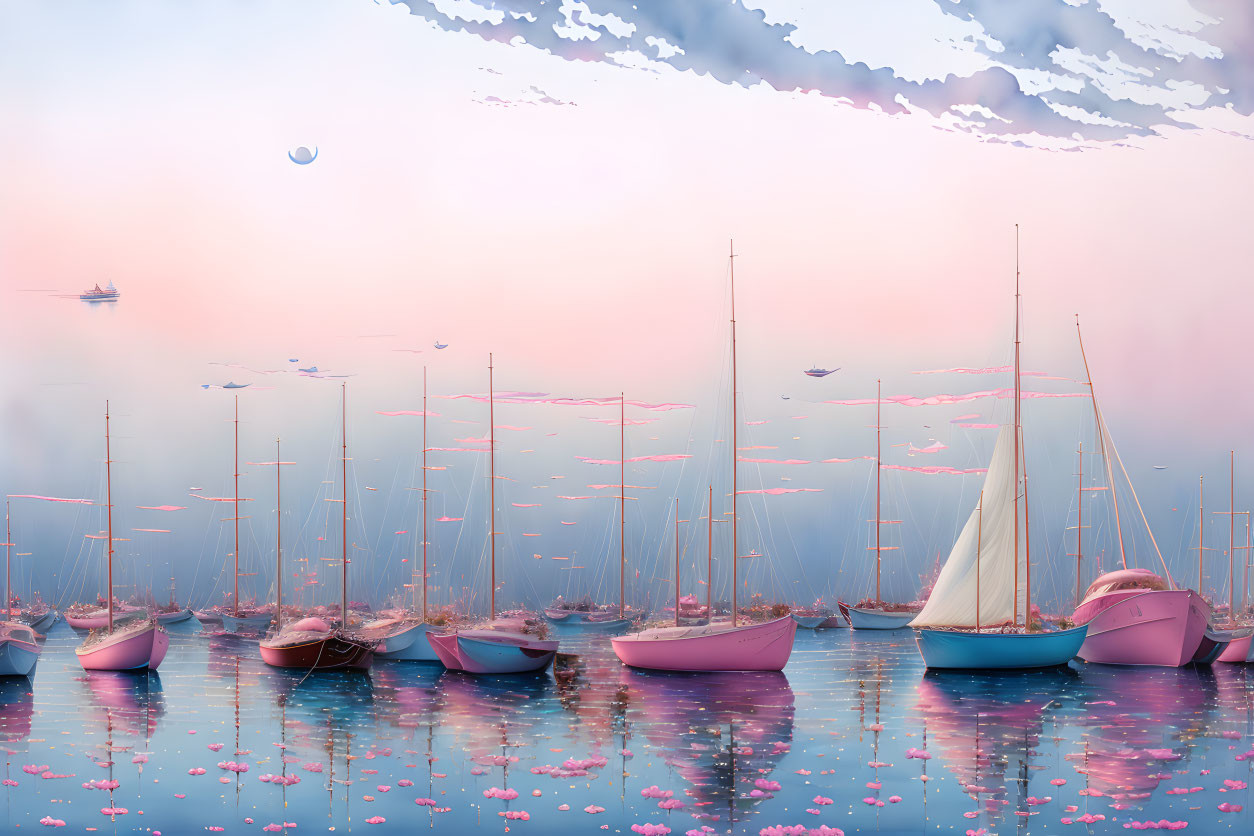 Tranquil sunset/sunrise scene with pastel sailboats, reflections, clouds, and cres