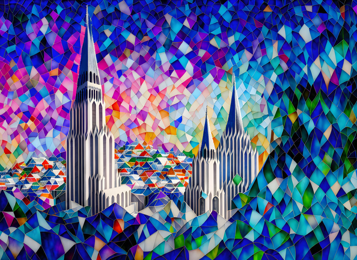 Colorful Abstract Mosaic of Cathedral Spires on Vibrant Background