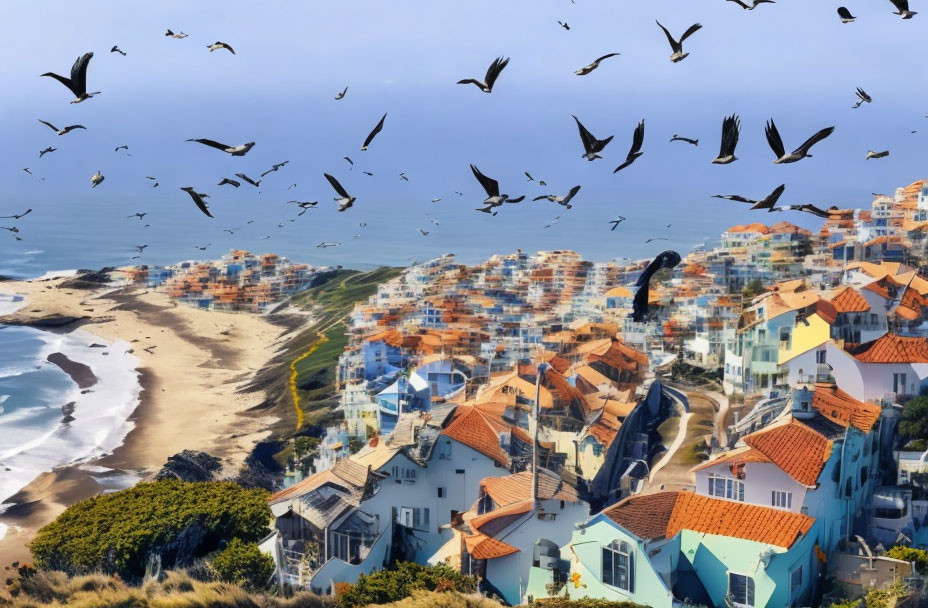 Colorful Coastal Village Birds Flying Over Sandy Beach Sky
