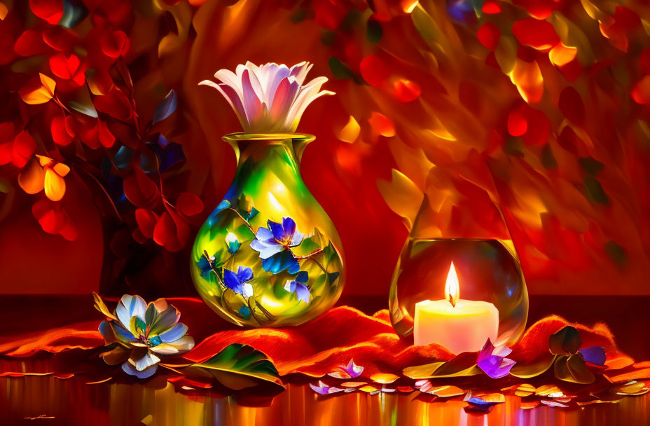 Colorful Still Life Painting with Floral Vase, Blossom, and Candle