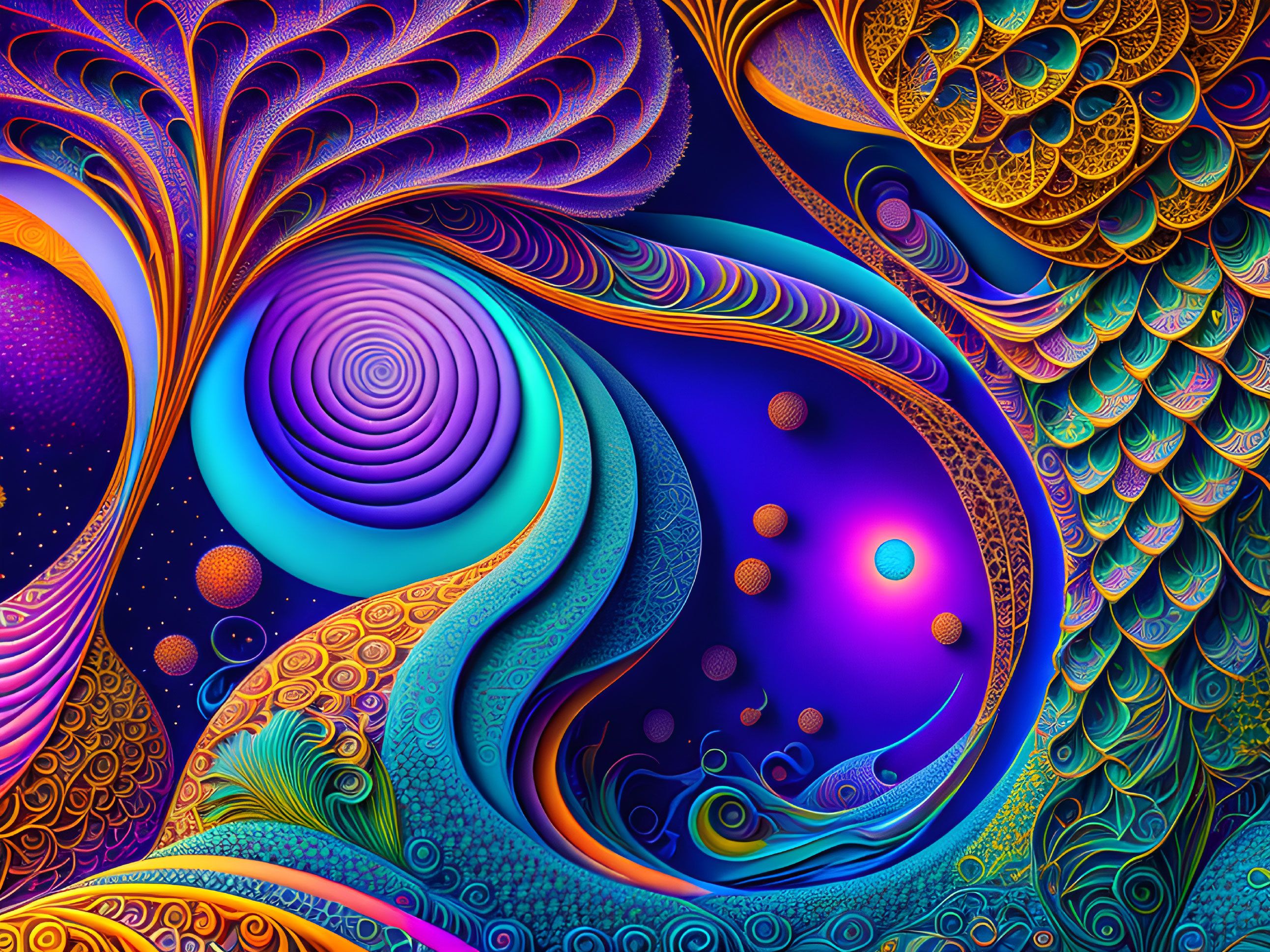 Psychedelic Harmony: Blue, Purple, Gold Swirls