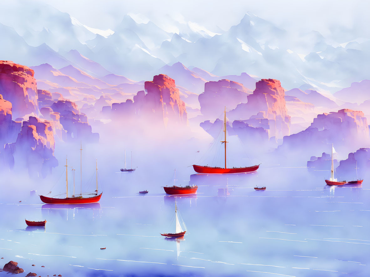 Misty Seascape: Red Sailboats and Blue Mountains