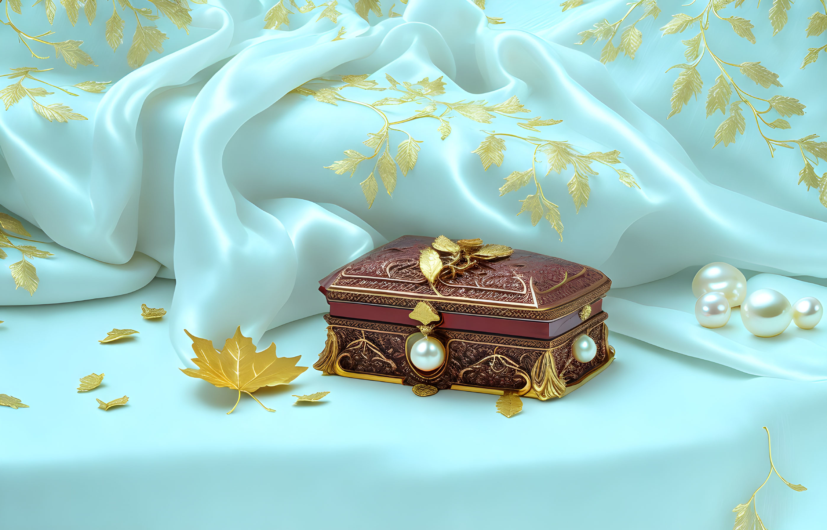 Ornate Box with Gold Leaf and Pearls on Teal Fabric surrounded by Golden Leaves