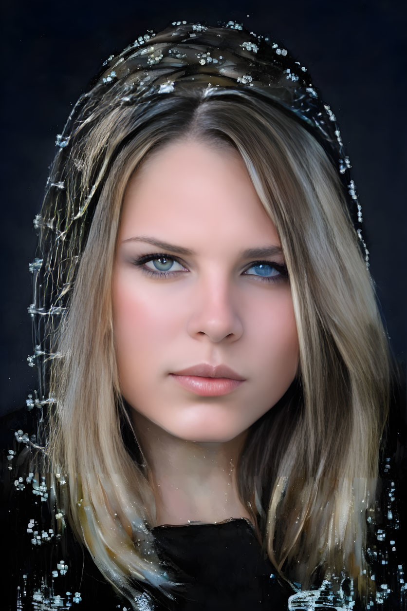 Blonde Woman with Blue Eyes and Sparkling Droplets on Dark Background