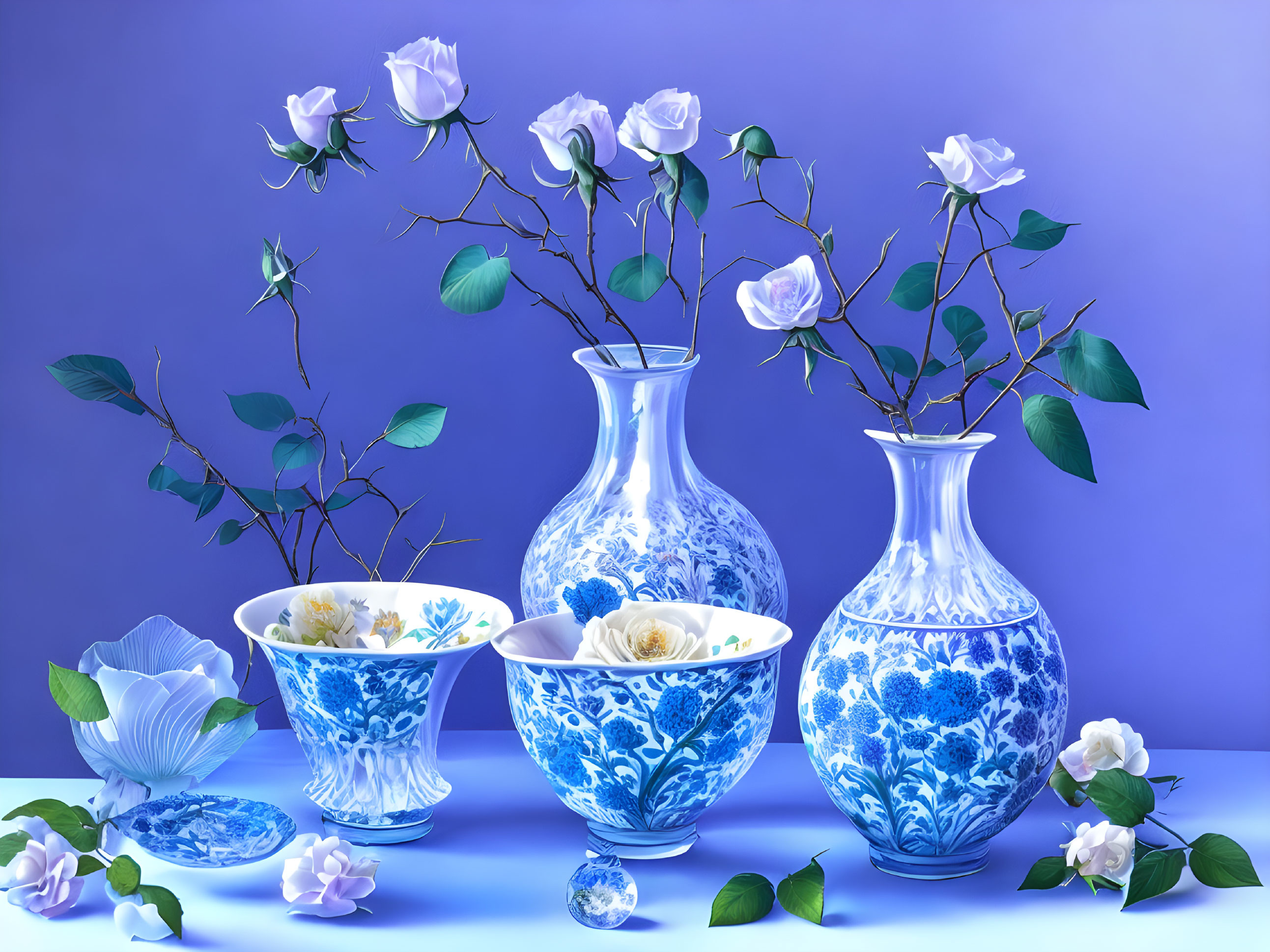 Graceful Porcelain Vases and Roses