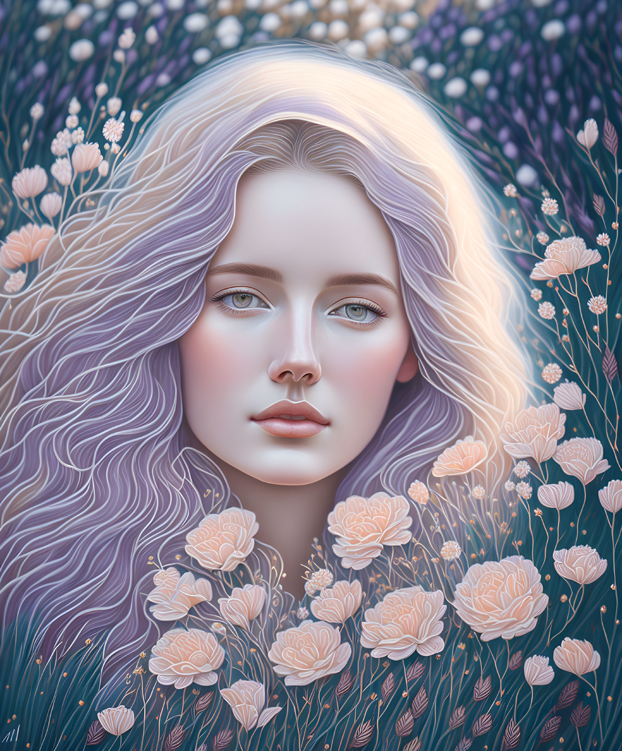 Illustration: Woman with long purple hair in pastel flower setting