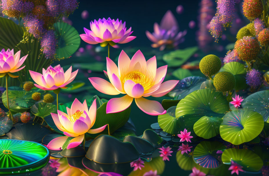 Serene pond with lotus flowers and exotic flora under mystical light