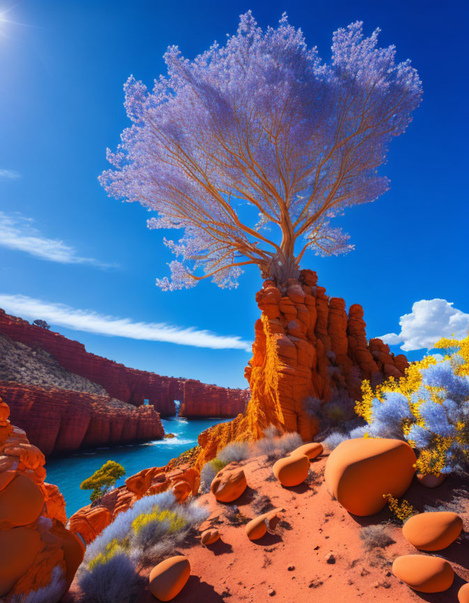 Vibrant blue tree on orange rock formations by vivid blue river