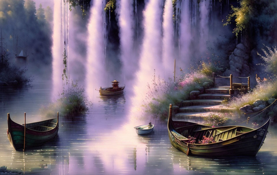 Tranquil river with misty waterfall, rowing person, and docked boats among blooming