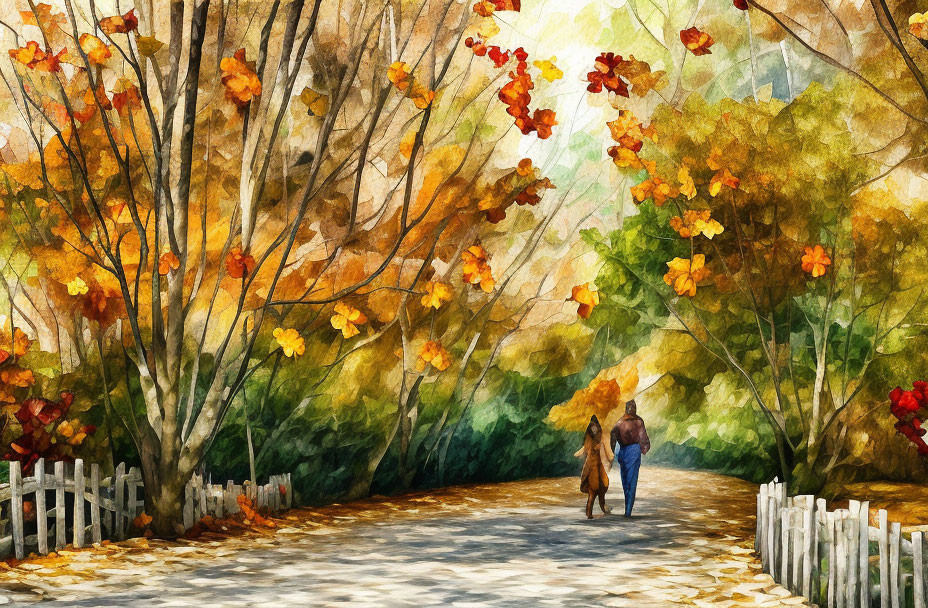 Autumn scene with two people walking among vibrant trees and white fence