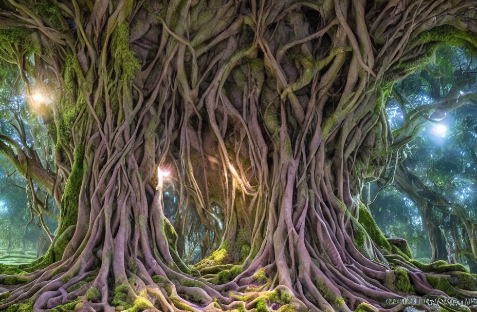 Mystical forest with intertwined tree roots and glowing lights