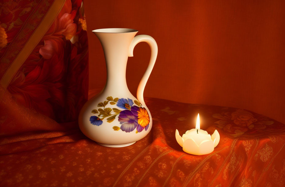 White porcelain pitcher with floral designs on orange fabric next to tealight candle