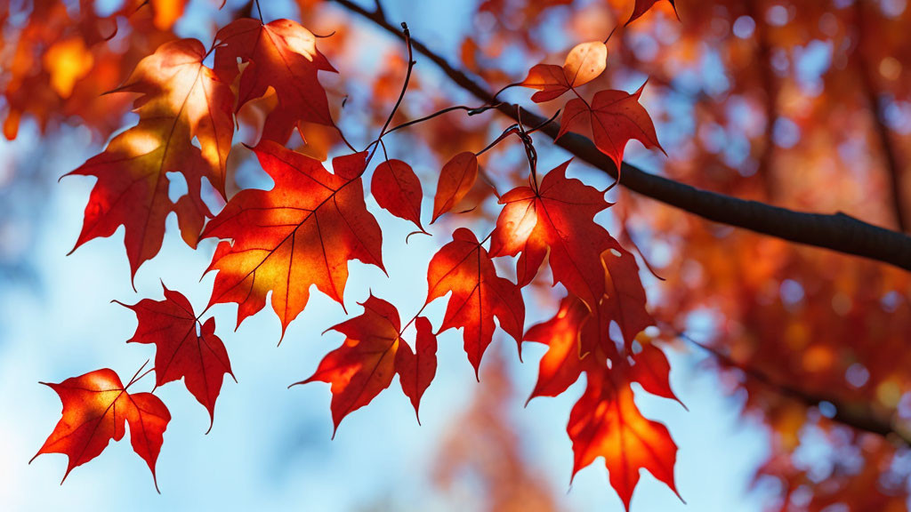 Vivid red maple leaves in autumn setting with blue sky