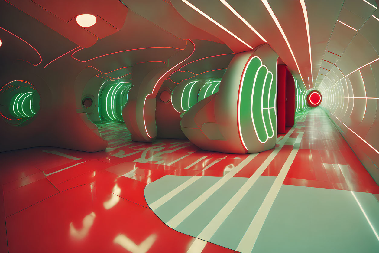 Futuristic red and green corridor with circular doorways and neon lights