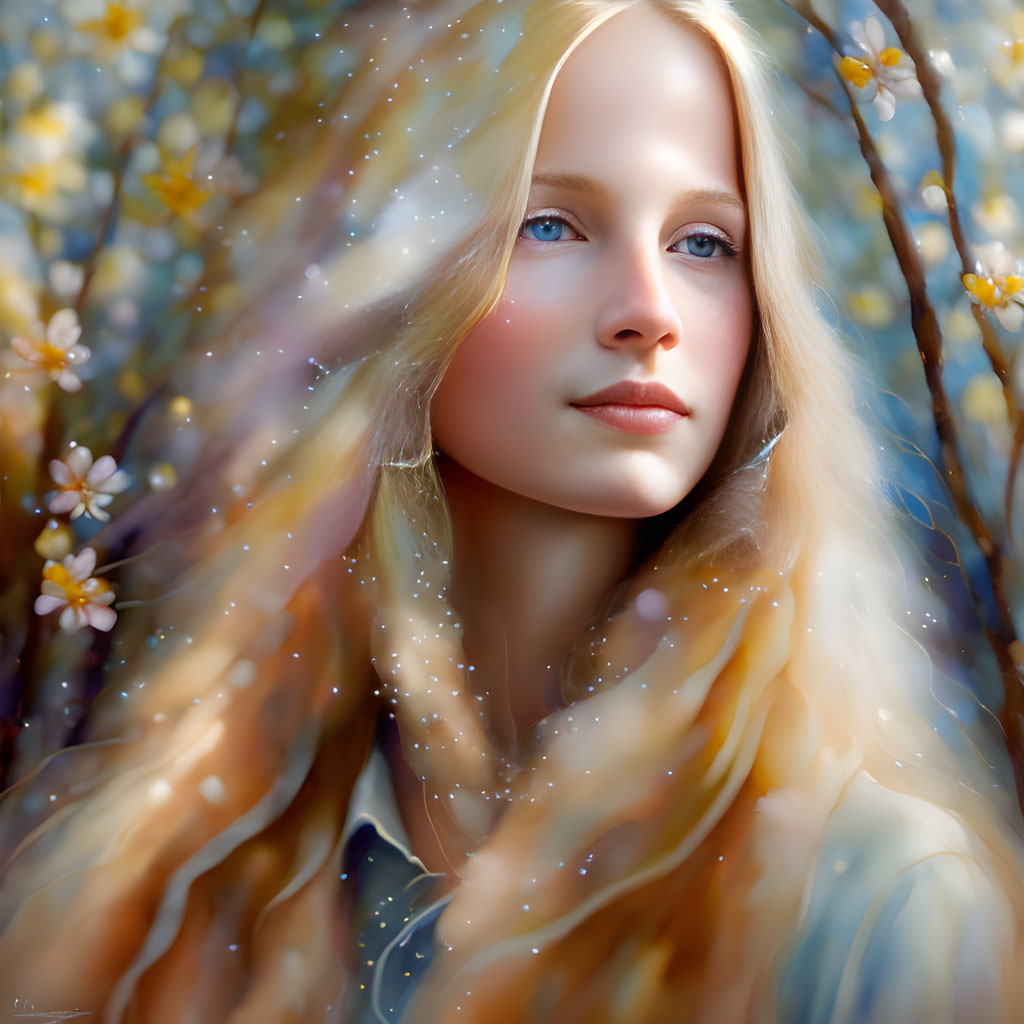 Blond woman portrait amid blossoming branches and light specks