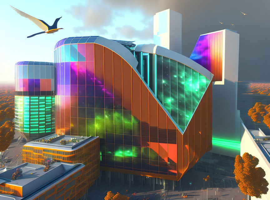 Colorful, Wave-Like Facade on Futuristic Building in Cityscape at Sunset