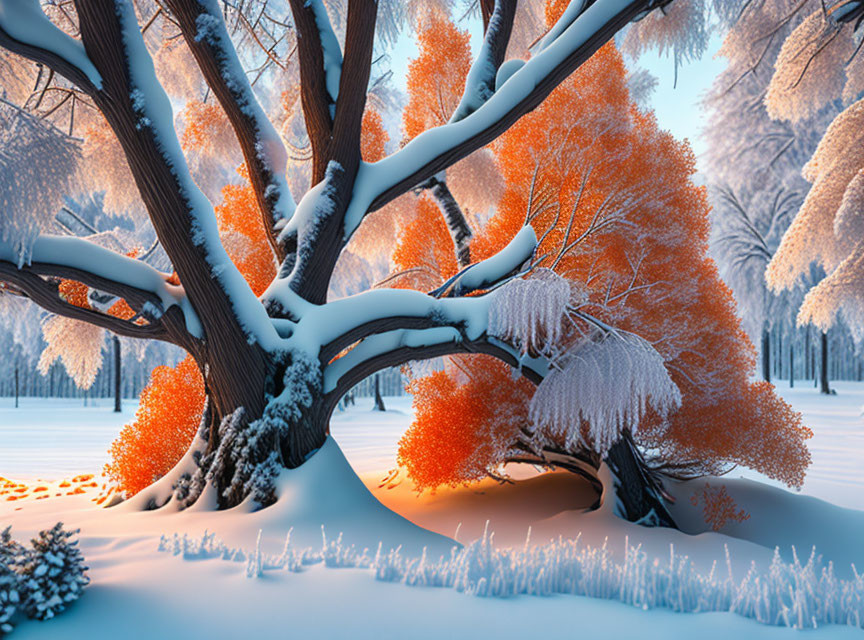 Orange-leaved tree in snowy forest with frost-covered trees