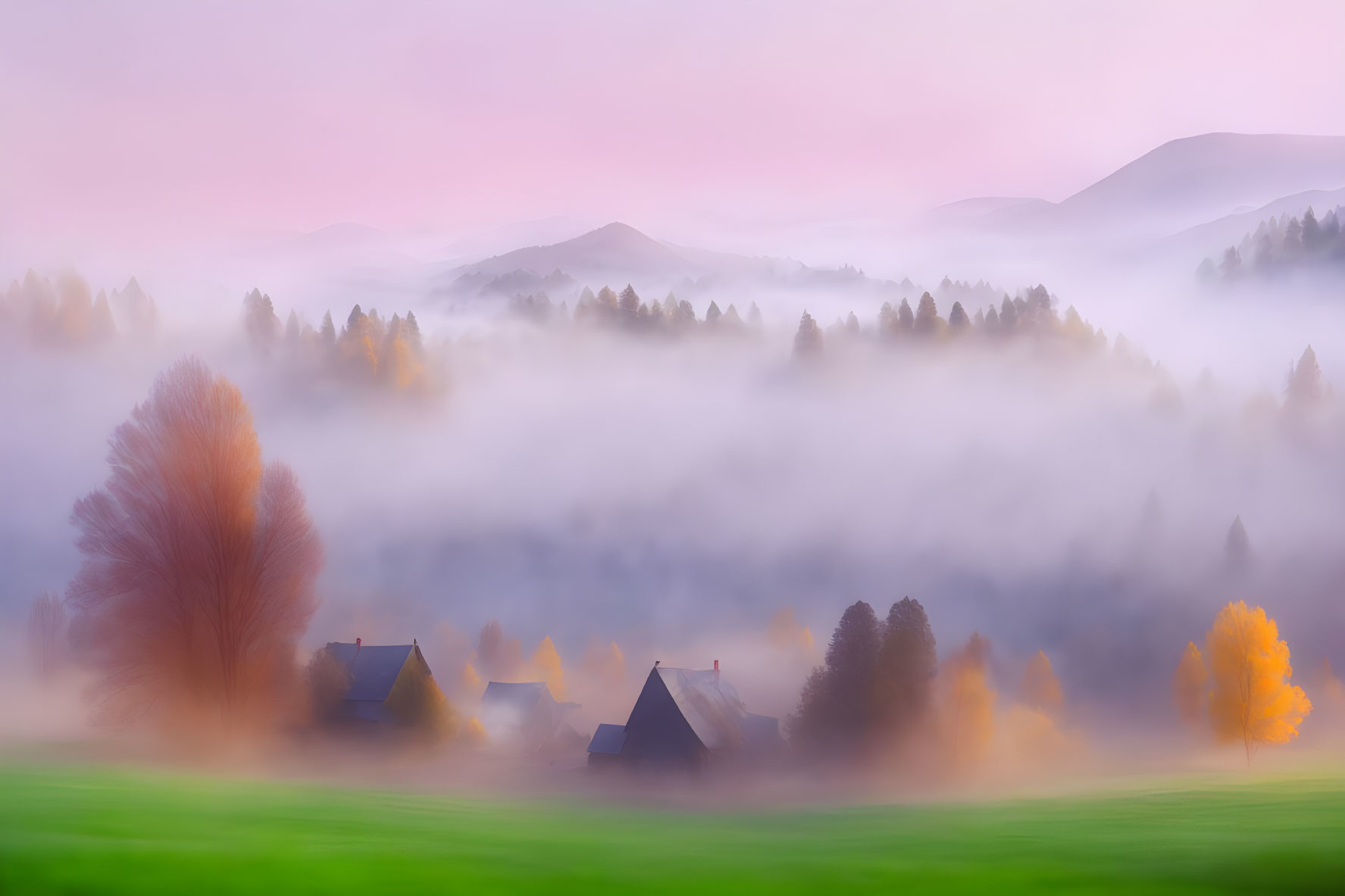 Misty Morning in Autumn Village