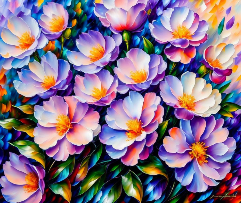 Colorful Cluster of Purple, Blue, and Pink Flowers with Orange and Yellow Centers