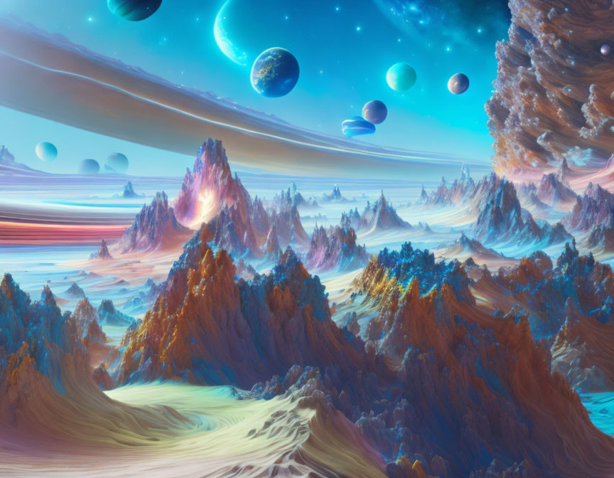 Colorful Alien Landscape with Mountains and Planets in Sky