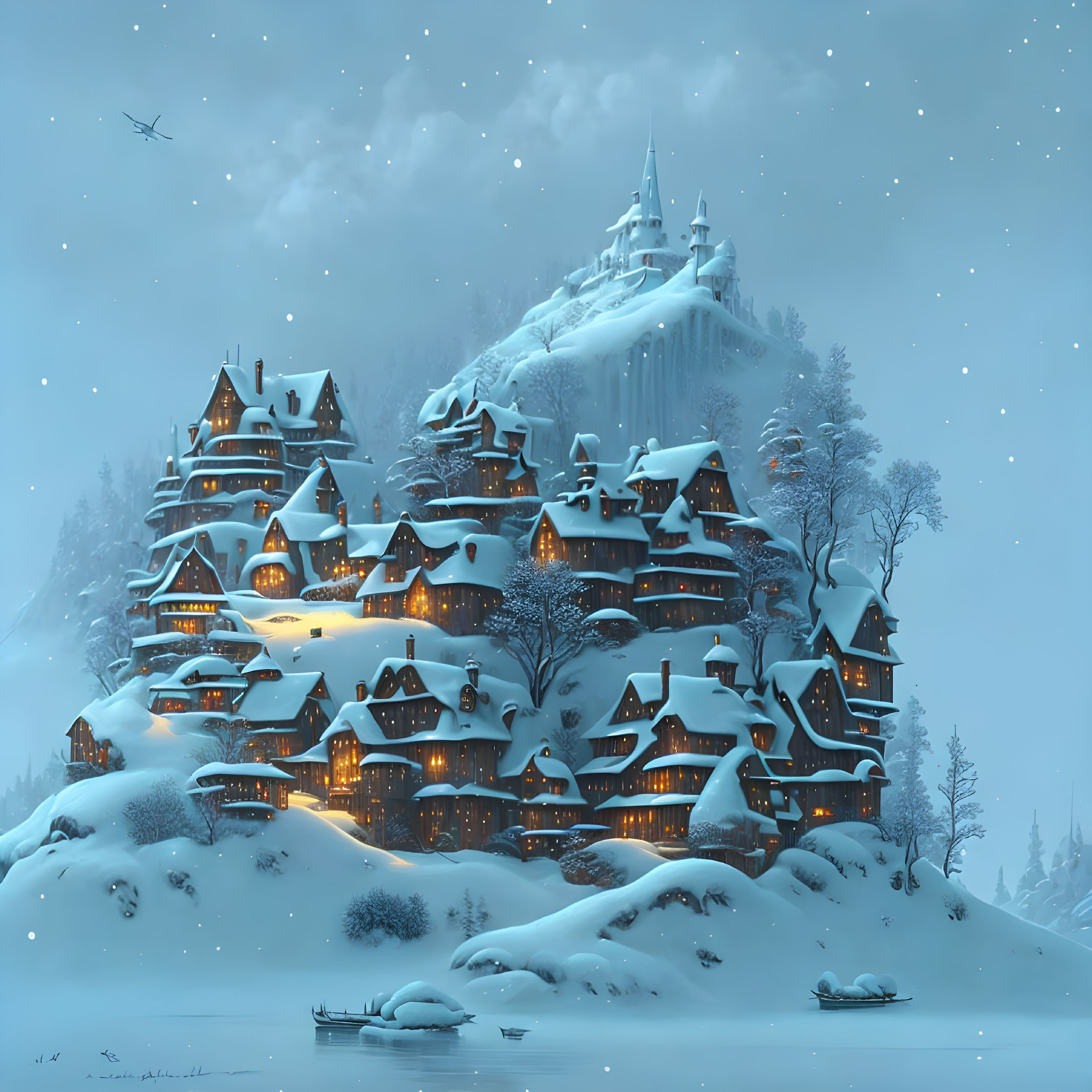 Twilight Glow: Snowy Village & Castle
