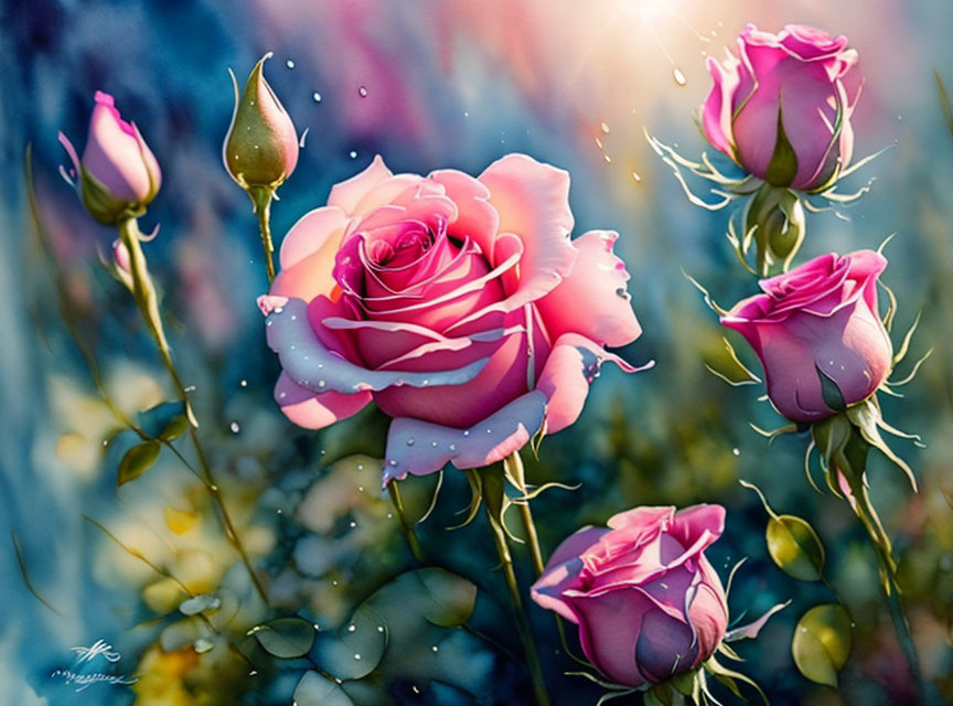 Digital painting of pink roses with dewdrops in soft sunlight on dreamy blue background