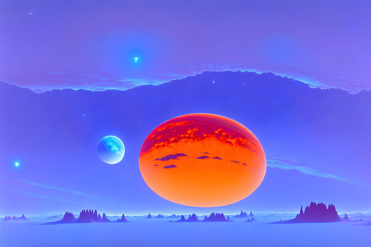 Surreal landscape with large orange and small blue planets under twilight gradient
