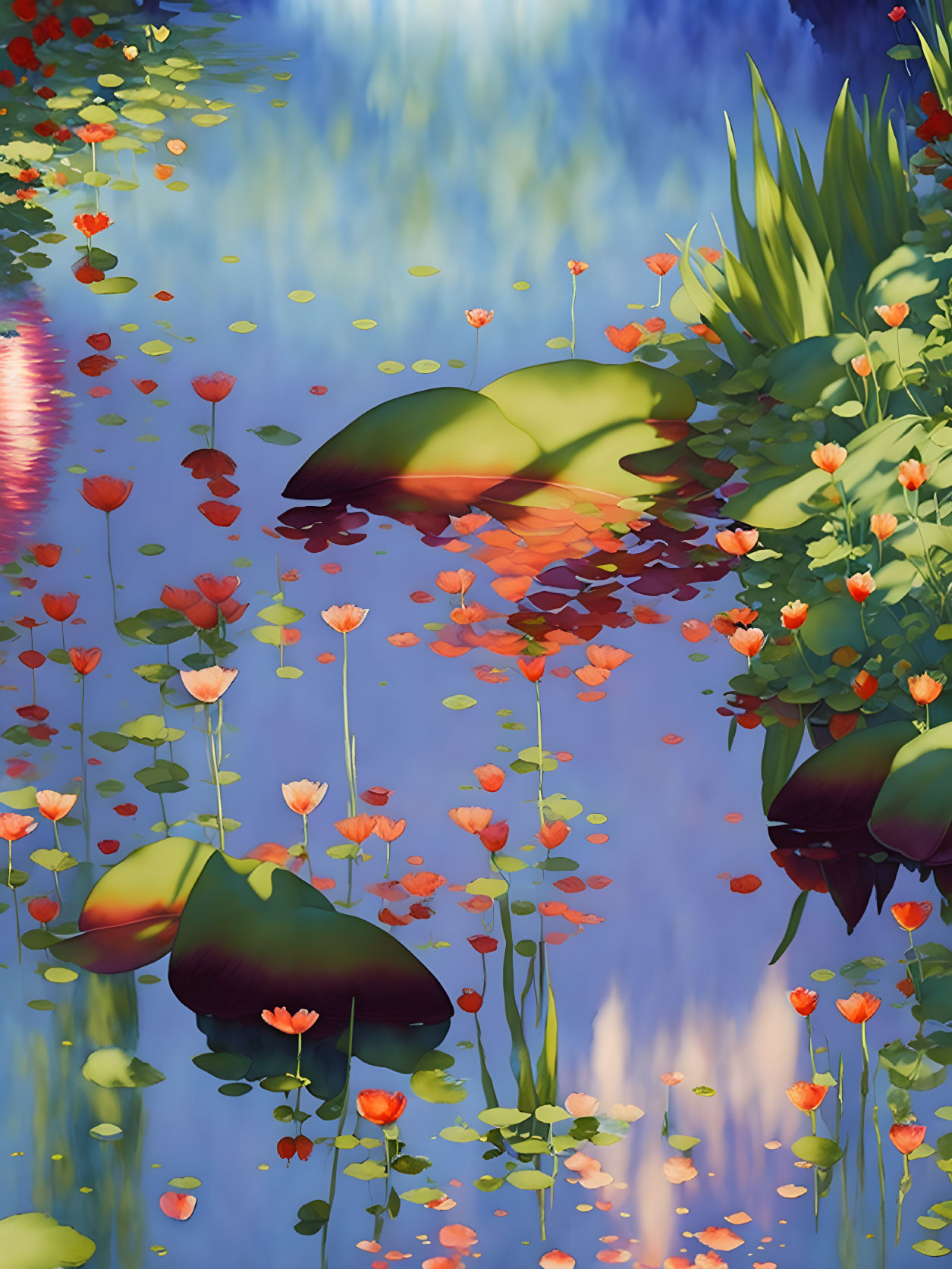 Tranquil digital art of koi pond with lilies, fish, and aquatic plants