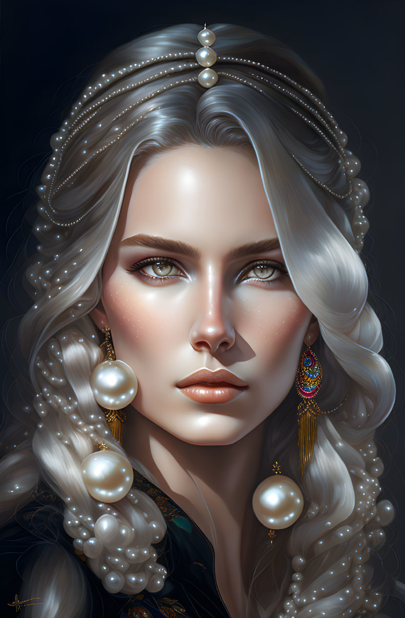 Silver-haired woman with pearl adornments and multicolored earrings on dark background