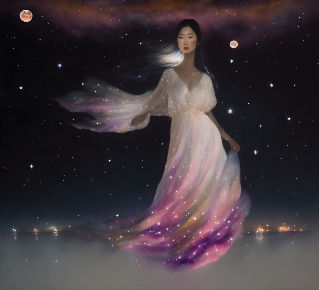 Woman in flowing gown merges with starry night sky in celestial background