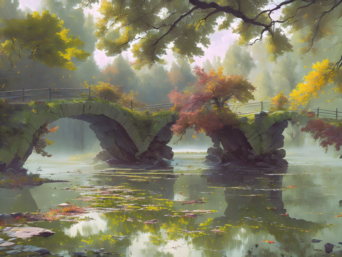 Stone bridge over tranquil pond with autumn trees and misty sunlight