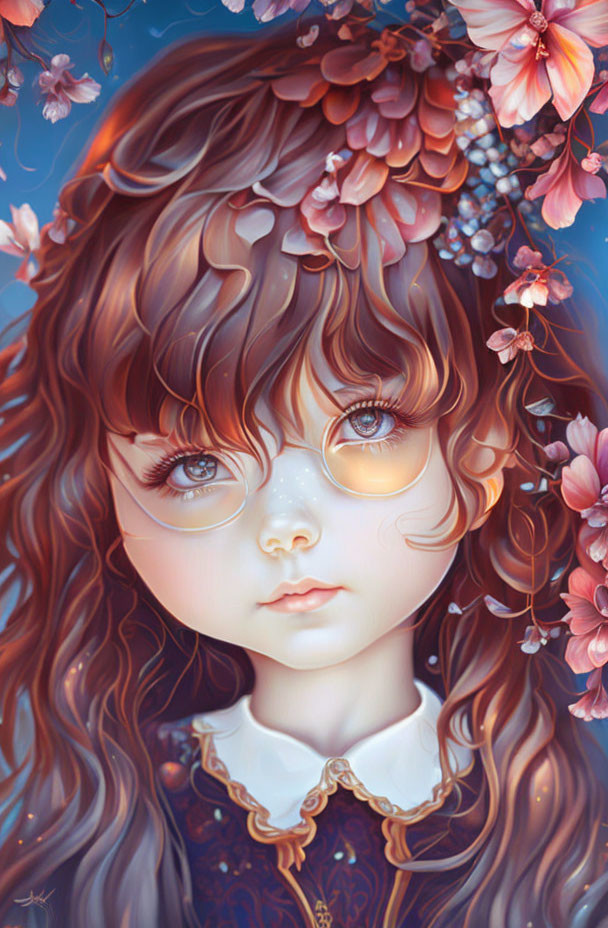 Curly Brown-Haired Girl with Round Glasses Surrounded by Pink Flowers and Leaves in Dreamy Setting