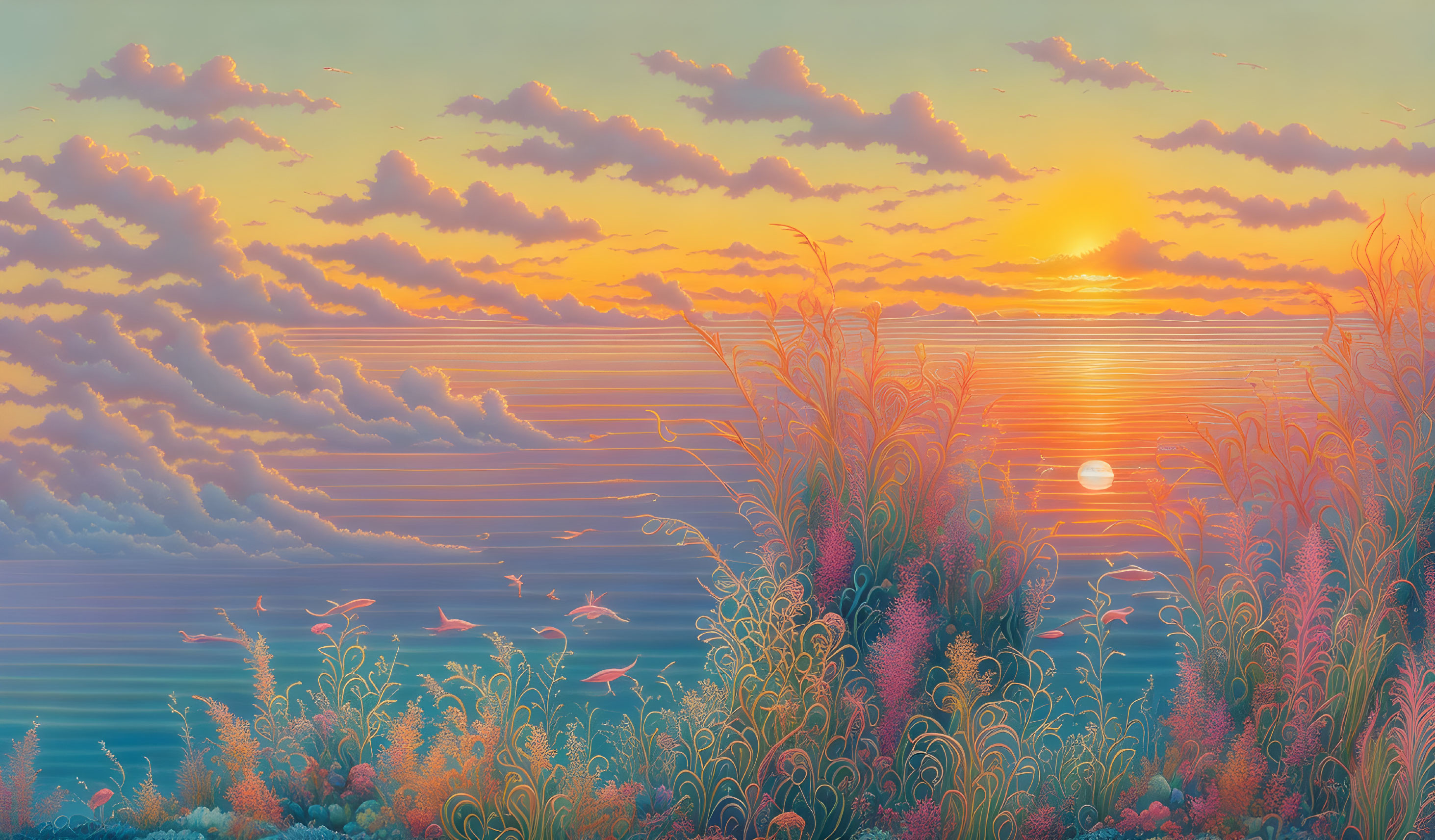 Tranquil Sunset Over Ocean Meadow